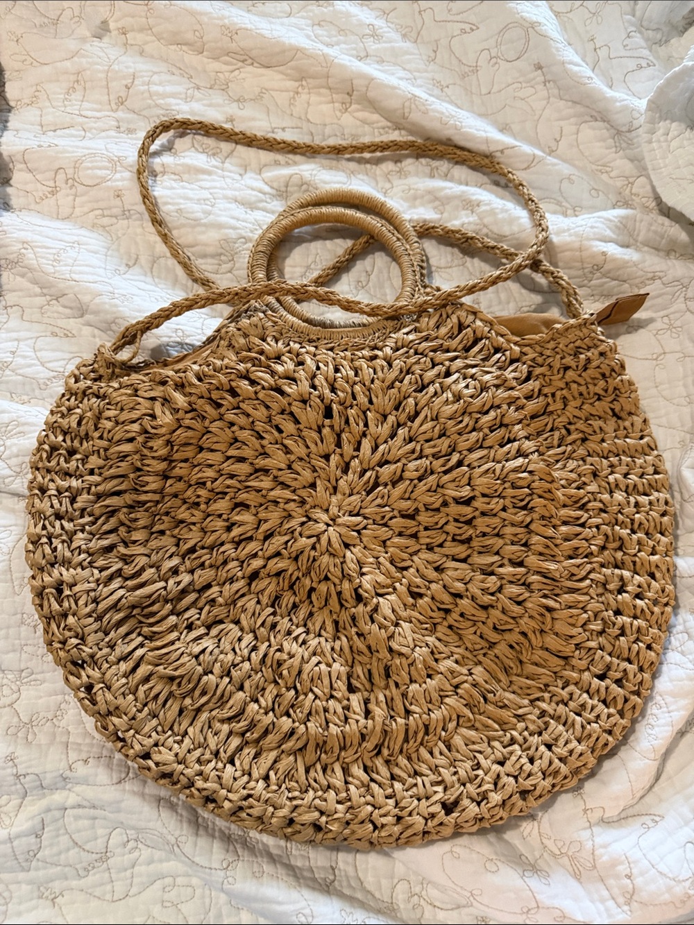 Woven Round Straw Tote Bag - Natural Brown